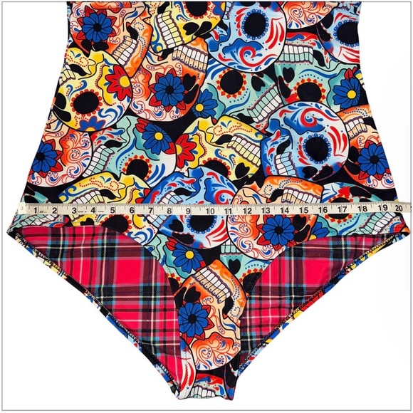 Sugar Skull Floral Swimsuit 4X Fits Like 2X One Piece Plaid Trim Halter Retro - Picture 7 of 8